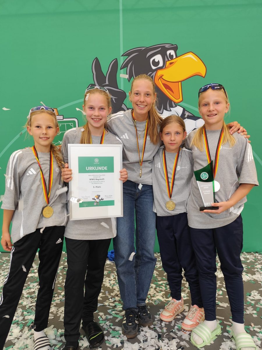 Schülerinnen der WWG-Mädchenmannschaft mit einem Pokal, Urkunden und Medaillen